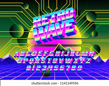 Cool Cybertypeface Retro Welle mit cyberspace Synth Neon Landschaft. Gut für helle Bildunterschriften und unvergessliche Logos.