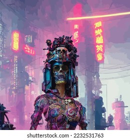 Cool Cyberpunk Geisha Girl on neon city night. Futuristic city scene in a style of pixel art. 80's wallpaper. Retro future  illustration. Urban scene.