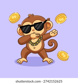 Cool Dabbing Monkey and Flying Coins in Dabbing Style Vector Illustration