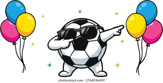 Cool dabbing soccer ball character mascot with balloons happy birthday party vector graphic design