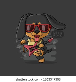Cool dachshund playing guitar. t-shirt design.