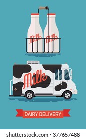 Cool dairy milk delivery service vector modern flat design illustration featuring cow painted local delivery van, side view, and two milk bottles in wire carrier icon