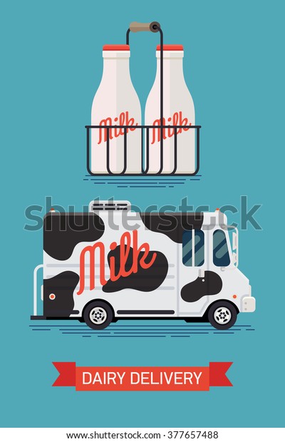 Cool dairy milk delivery
service vector modern flat design illustration featuring cow
painted local delivery van, side view, and two milk bottles in wire
carrier icon