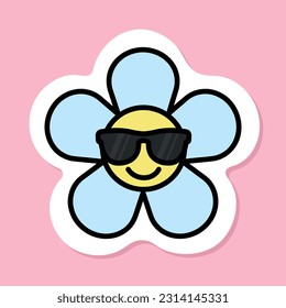 cool daisy flower, cute groovy flower with sunglasses sticker, cartoon blue chamomile with black outline, groovy aesthetic vector design element