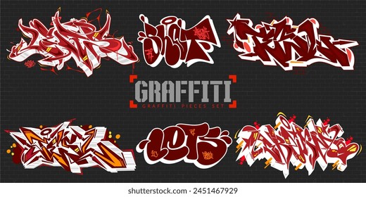 Cool Dark Abstract Colorful Urban Street Art Lettering Vector Illustration Graffiti Pieces Set 