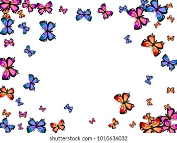 Cool decorative butterfly silhouette kite background on white. Spring butterfly hover theme vector in pink, violet, red, blue and purple colors. Repeating insect soar artwork for interior.