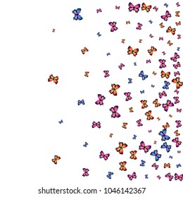 Cool decorative butterfly silhouette kite background on white. Nature butterfly hover theme vector in pink, violet, red, blue and purple colors. Repeating insect soar clipart wrapping paper.