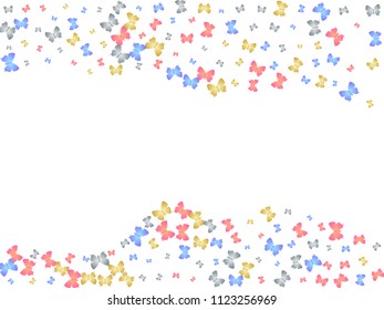 Cool decorative butterfly silhouette kite background on white. Season butterfly hover theme vector in gold, silver, blue and red colors. Repeating insect soar backdrop for ceramic tile.