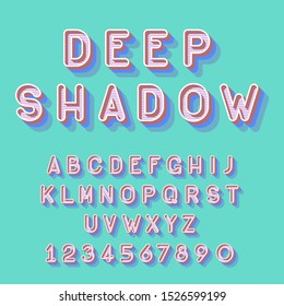 Cool deep shadow isometric font vector illustration. Set of unique decorative 3D type, capital calligraphic alphabet letters and numbers with shadow isolated on background. Latin type modern or retro