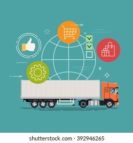 Cool delivery service concept background. Logistics in business and industry. Vector illustration on global commercial shipping with cargo semi truck and modern icons on shopping and E-commerce
