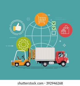 Cool delivery service concept background. Logistics in business and industry. Local supply chain. Merchant shipping vector illustration with small cargo delivery truck and forklift loading container 