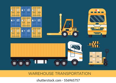 Cool delivery service concept background. Logistics in business and industry. Local supply chain. Merchant shipping vector illustration with small cargo delivery truck and forklift loading container