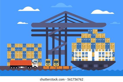 Cool delivery service concept background. Logistics in business and industry. Local supply chain. Merchant shipping vector illustration with small cargo delivery truck and forklift loading container