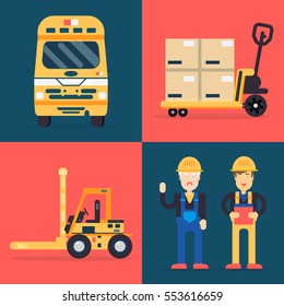 Cool delivery service concept set. Warehouse in business and industry. Boxes, lift, lorry and workers character. 