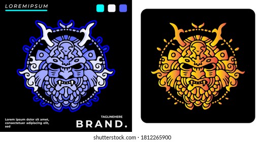 Cool demon samurai head illustration for poster, sticker, or apparel merchandise.With tribal and hipster style.