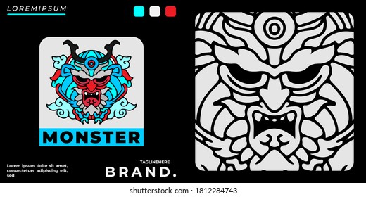 Cool demon samurai head illustration for poster, sticker, or apparel merchandise.With tribal and hipster style.