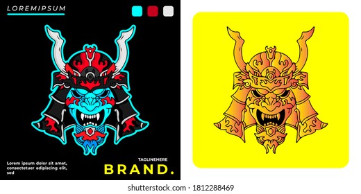 Cool-Demon Samurai-Kopfgrafik für Poster, Aufkleber oder Bekleidungsartikel.Mit Stamm- und Hipster-Stil.