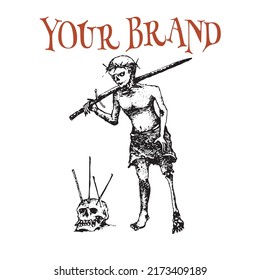 diseño fresco, vector blanco y negro, imagen de un hombre lisiado sosteniendo una espada. muy adecuado para mercaderías como ropa o cualquier cosa.