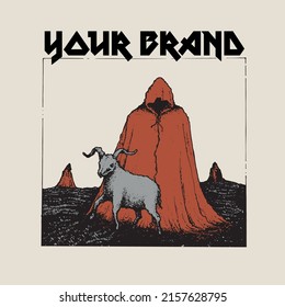 Cool design, image of man in cloak with goat in meadow.