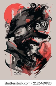 Cool design for poster with ninja and wolf. Design for t-shirt graphics, banner, fashion prints, slogan tees, stickers, flyer, posters and other creative uses