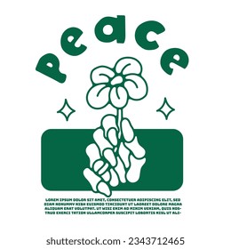 cool design, skeleton hand is holding a flower and write "PEACE". contains a message of peace. very suitable for clothing merchandise purposes.