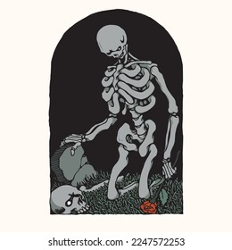 cool design, the skeleton is holding a flower over the grave, very meaningful. very suitable for merchandise or posters.