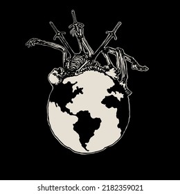 cool design, skeleton on a globe with a sword stuck in its body. can be used for any need.