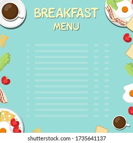 Cool design template for breakfast menu. breakfast menu lettering. place for text, cup of coffee, fried eggs. ingredients for a delicious breakfast. vector illustration