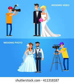 cool detailed character Photographer with camera and cute wedding couple. Vector wedding detailed character beautiful  smiling bride and groom