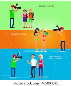 cool detailed character Photographerwith camera photographs people students, women on the beach, family