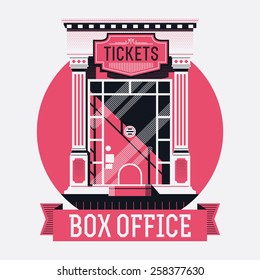 Cool detailed concept design on film box office report with retro style cinema movie theater tickets booth window