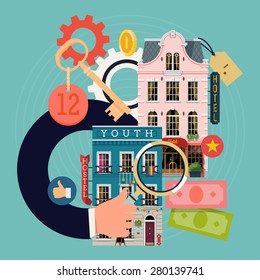 Cool detailed concept illustration on hotel prices search and comparison featuring hotel and hostel buildings facade, hand with magnifier, room key, money bills, coins and social media icons