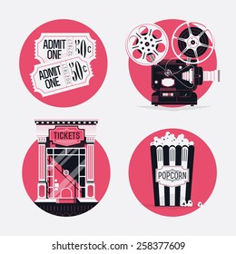 Cool detailed graphic circle web icons on movie motion picture film entertainment industry with cinema theater reel projector, box office, popcorn and admit one tickets