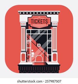 Cool Detailed Retro Style Cinema Movie Theater Tickets Booth Window Web Or Application Rounded Corners Icon. Motion Picture Box Office Concept Design