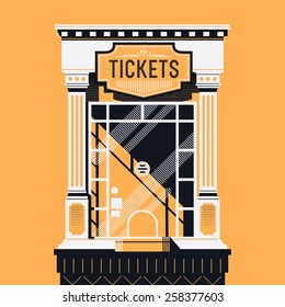 Cool Detailed Retro Style Cinema Movie Theater Tickets Booth Window Web Or Graphic Design Element. Motion Picture Box Office Concept Design