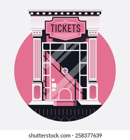 Cool detailed retro style cinema movie theater tickets booth window web icon with circle background. Motion picture box office concept design