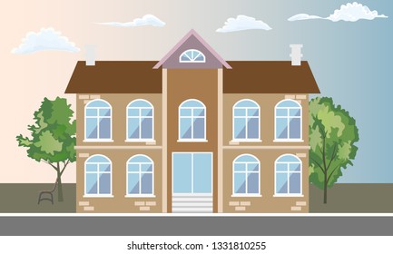 Cool detailed two floors house and trees with front view. Flat and solid color style vector illustration.