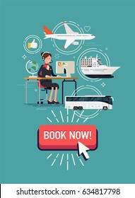 Cool detailed vector concept illustration on travel agency. Web banner or printable template on summer trip or vacation booking with friendly travel agency manager, airplane, cruise liner, coach bus