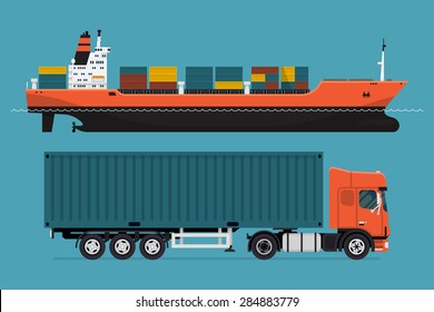 Cool detailed vector design elements on freight transport with loaded container ship and european semi-trailer tractor unit pulling container | Seagoing and road freight commercial cargo web icons