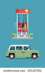 Cool detailed vector flat design elements on transport with gas station pump and modern city car