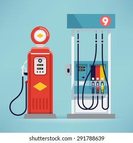 Cool detailed vector flat design modern and retro gas pumps isolated