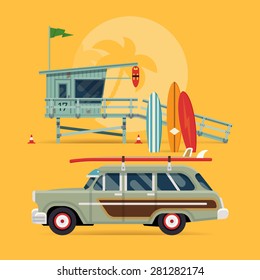 Cool detailed vector modern flat web banner design on surfing, best summer vacation, beach recreation, water activities for travel agency promotion with woody surf car, surfboards and lifeguard tower