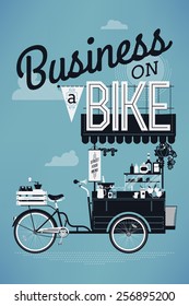 Cool detailed vector printable poster or banner template on Business on bike featuring creative typography lettering and detailed stylish mobile street food vending bicycle cart with awning