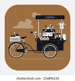 Cool detailed vector street coffee bicycle cart rounded corners web icon | Mobile retro bike powered cafe with espresso machine, syrup bottles, wooden crate on rear rack, disposable cups and more