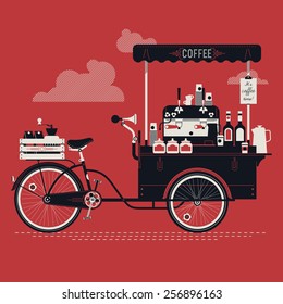 Cool detailed vector street coffee bicycle cart three colored illustration | Mobile retro bike powered cafe with espresso machine, syrup bottles, wooden crate on rear rack, disposable cups and more svg