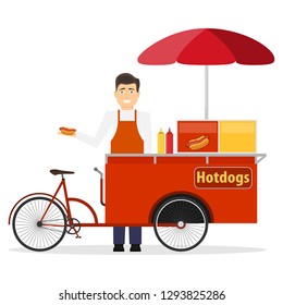 Cool detailed vector street food bicycle cart creative illustration. Mobile retro bike powered hot dog stand with parasol sunshade. Hot dog street cart. Fast food stand vendor service. 