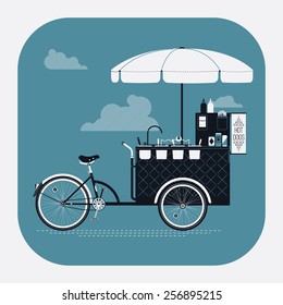 Cool detailed vector street food bicycle cart rounded corners web icon | Mobile retro bike powered hot dog stand with parasol sunshade, topping containers, ketchup and mustard bottles and more svg