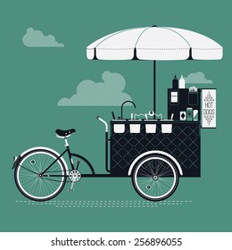 Cool detailed vector street food bicycle cart creative illustration | Mobile retro bike powered hot dog stand with parasol sunshade, topping containers, ketchup and mustard bottles and more svg