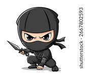 A cool and determined chibi ninja crouches in a stealthy pose, holding a small knife. This cartoon assassin is ready for action, perfect for a game or mascot design. Vector Illustration