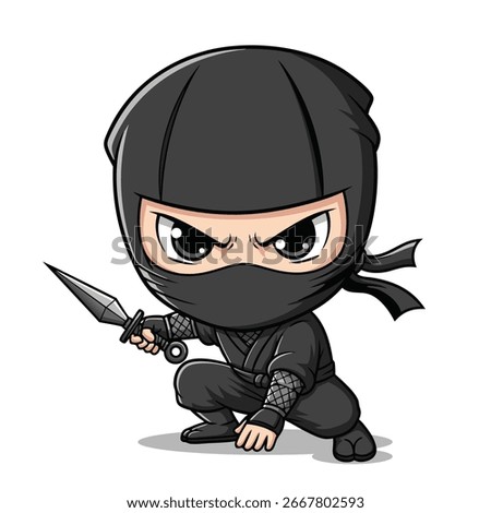 A cool and determined chibi ninja crouches in a stealthy pose, holding a small knife. This cartoon assassin is ready for action, perfect for a game or mascot design. Vector Illustration